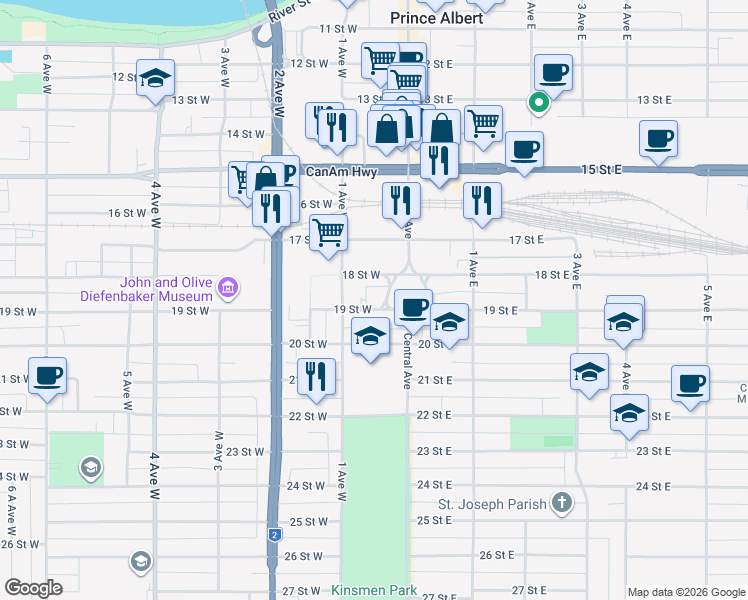 map of restaurants, bars, coffee shops, grocery stores, and more near 1895 Central Avenue in Prince Albert