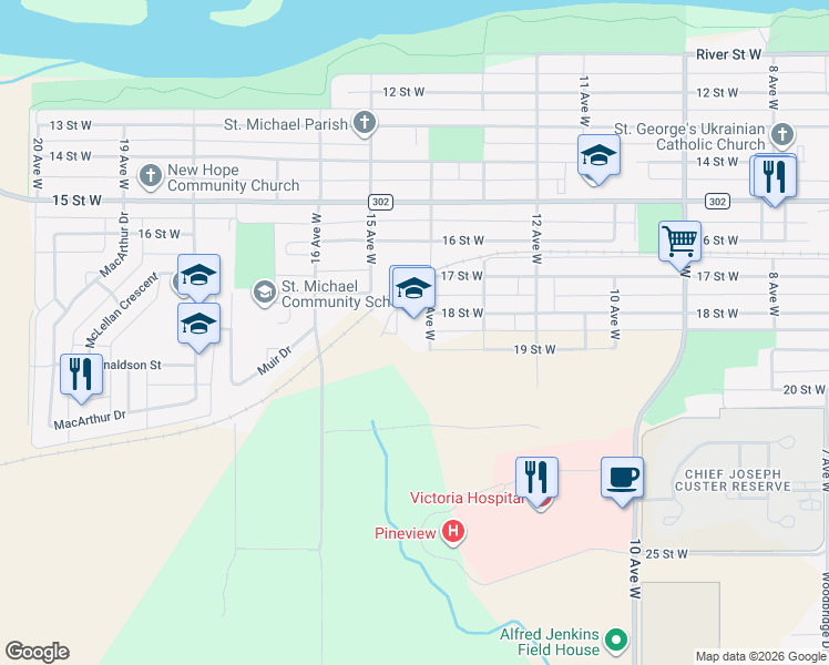 map of restaurants, bars, coffee shops, grocery stores, and more near 1821 14 Avenue West in Prince Albert