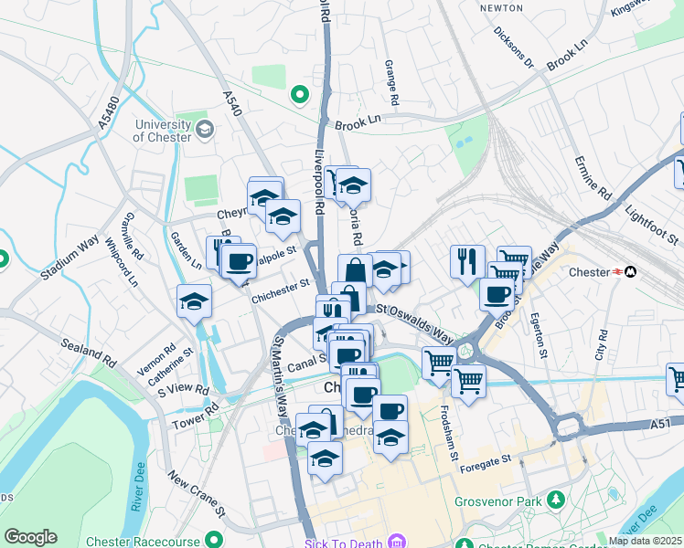 map of restaurants, bars, coffee shops, grocery stores, and more near 9 Victoria Road in Cheshire West and Chester