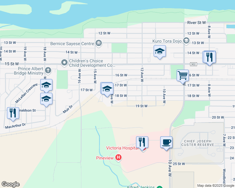 map of restaurants, bars, coffee shops, grocery stores, and more near 1338 18 Street West in Prince Albert