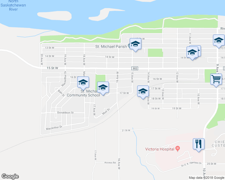 map of restaurants, bars, coffee shops, grocery stores, and more near 1630 17 Street West in Prince Albert