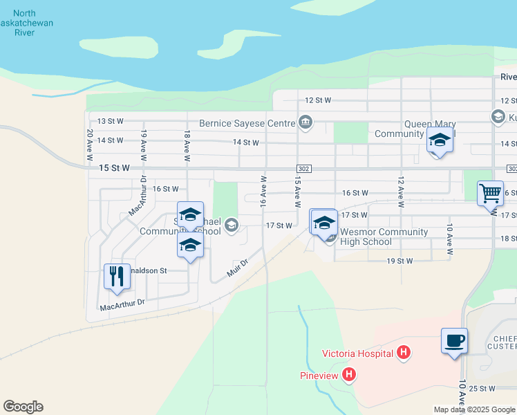 map of restaurants, bars, coffee shops, grocery stores, and more near 1601 Manville Bay in Prince Albert