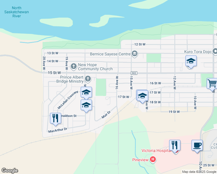 map of restaurants, bars, coffee shops, grocery stores, and more near 1643 Manville Bay in Prince Albert