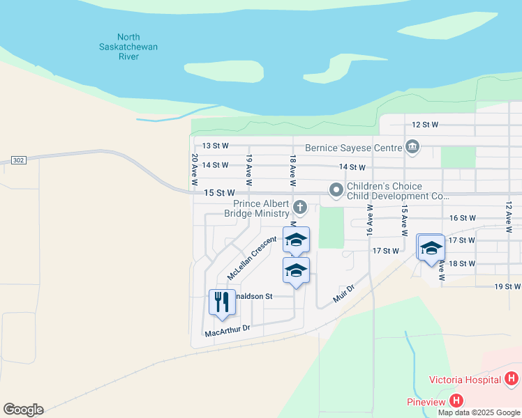 map of restaurants, bars, coffee shops, grocery stores, and more near 1859 15 Street West in Prince Albert