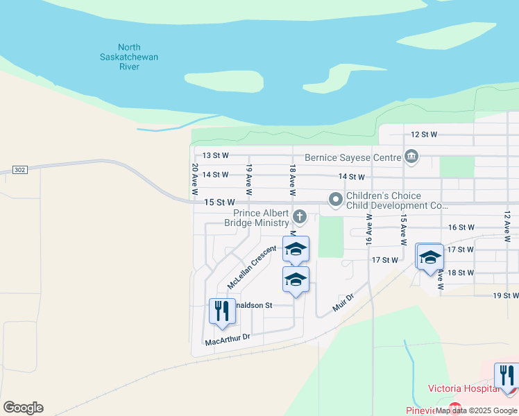 map of restaurants, bars, coffee shops, grocery stores, and more near 1859 15 Street West in Prince Albert
