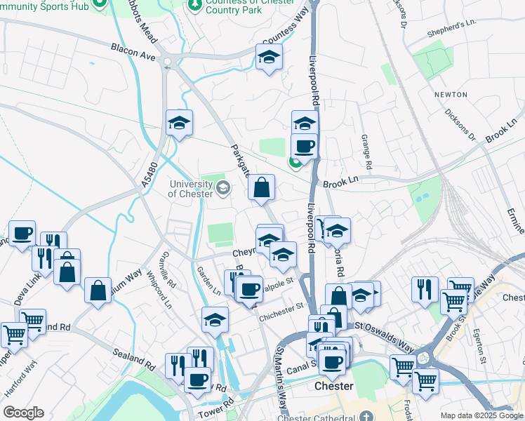 map of restaurants, bars, coffee shops, grocery stores, and more near Parkgate Road in Cheshire West and Chester