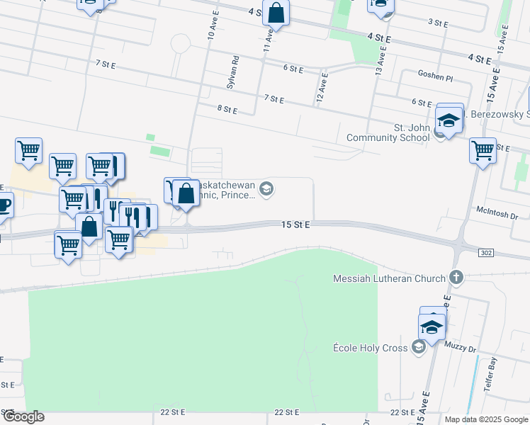 map of restaurants, bars, coffee shops, grocery stores, and more near 1100 15 Street East in Prince Albert