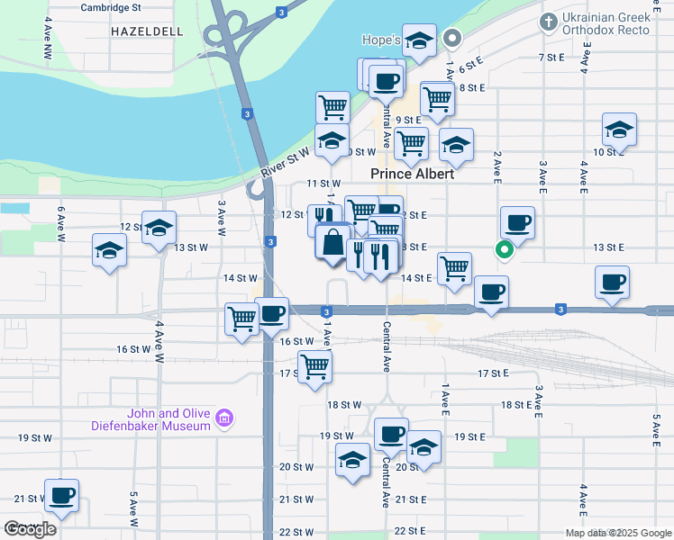 map of restaurants, bars, coffee shops, grocery stores, and more near 1403 Central Avenue in Prince Albert