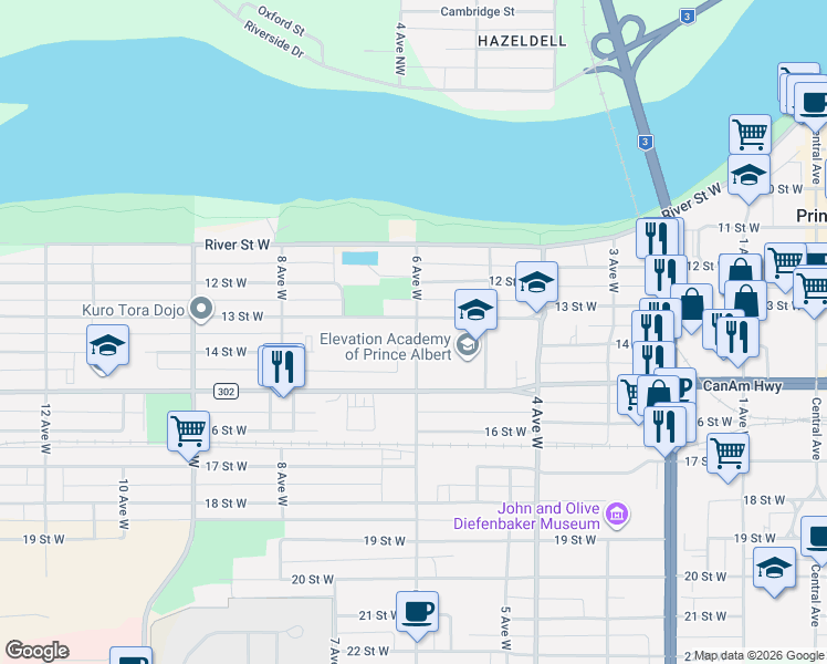 map of restaurants, bars, coffee shops, grocery stores, and more near 1318 6 Avenue West in Prince Albert