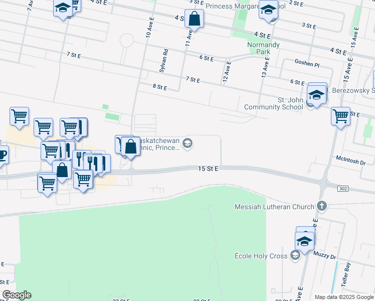 map of restaurants, bars, coffee shops, grocery stores, and more near 1100 15 Street East in Prince Albert