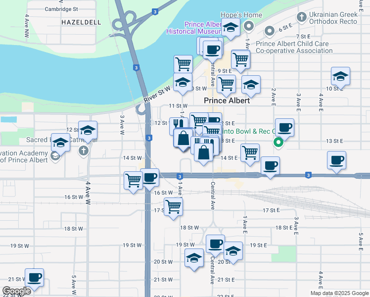 map of restaurants, bars, coffee shops, grocery stores, and more near 335-1403 Central Avenue in Prince Albert
