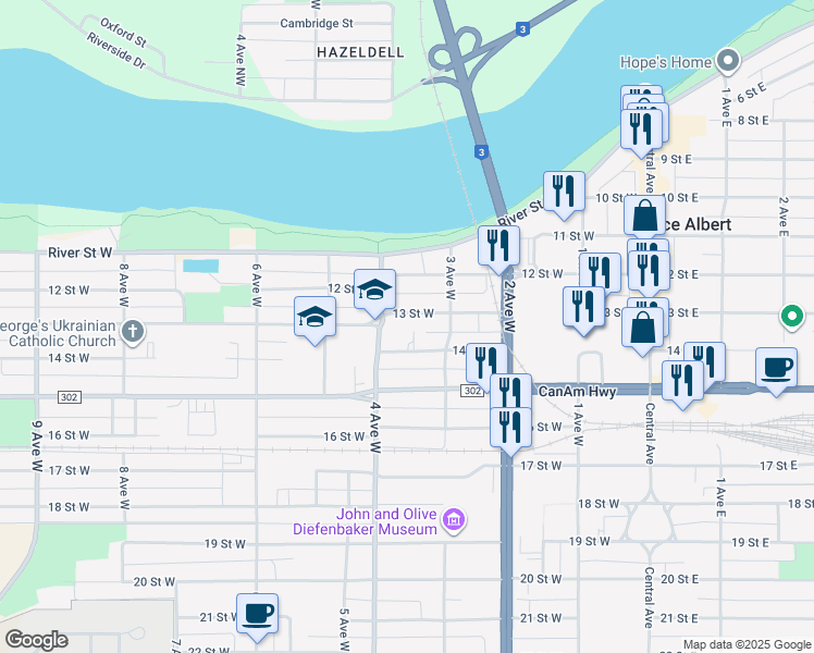map of restaurants, bars, coffee shops, grocery stores, and more near 380 14 Street West in Prince Albert