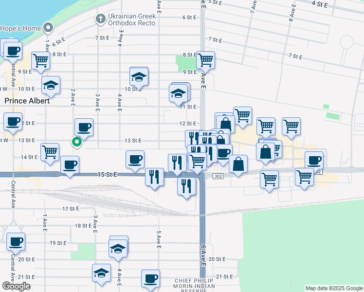 map of restaurants, bars, coffee shops, grocery stores, and more near 545 13 Street East in Prince Albert