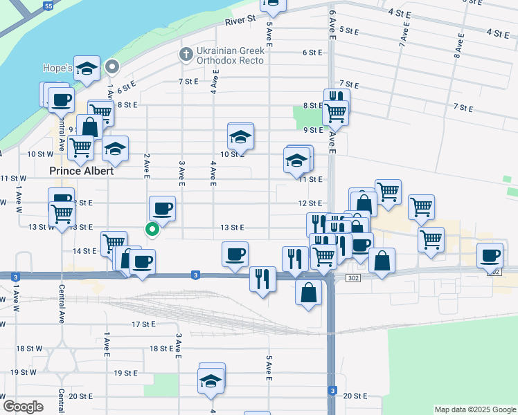 map of restaurants, bars, coffee shops, grocery stores, and more near 469 12 Street East in Prince Albert