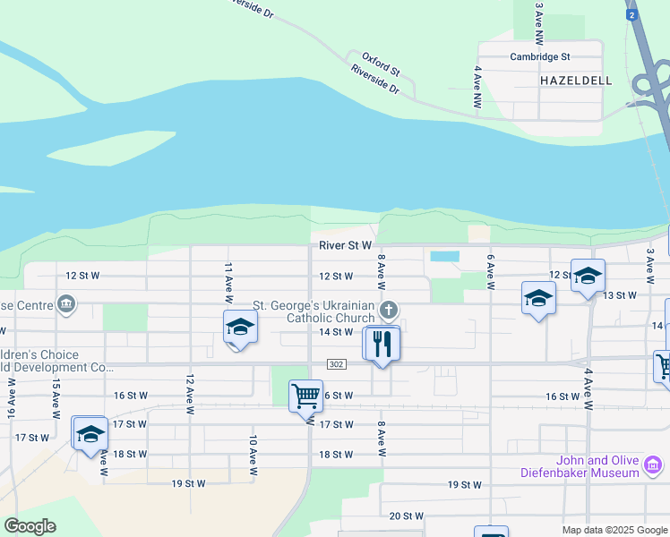 map of restaurants, bars, coffee shops, grocery stores, and more near 866 12 Street West in Prince Albert
