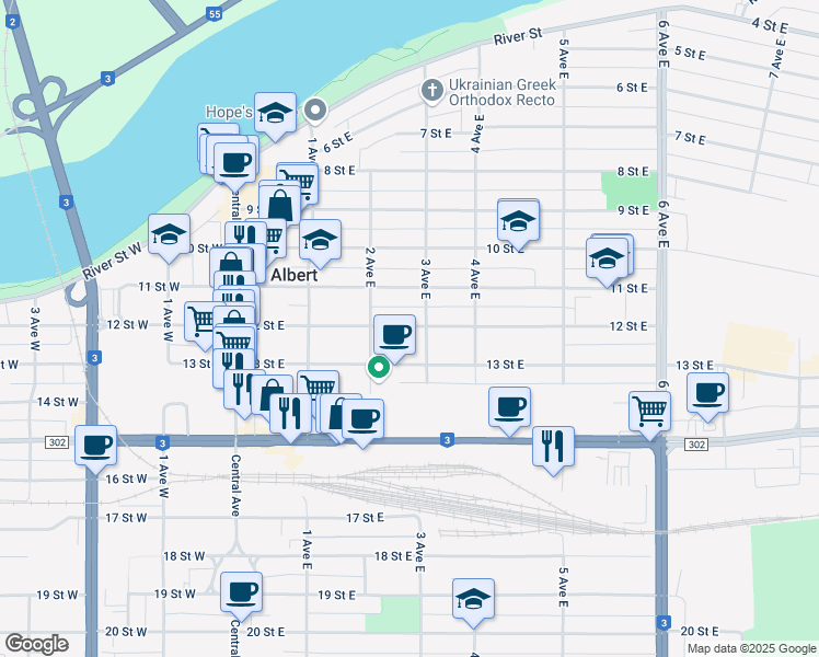 map of restaurants, bars, coffee shops, grocery stores, and more near 295 12 Street East in Prince Albert