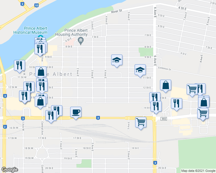map of restaurants, bars, coffee shops, grocery stores, and more near 402 12 Street East in Prince Albert