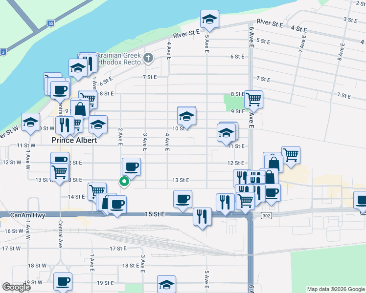 map of restaurants, bars, coffee shops, grocery stores, and more near 416 11 Street East in Prince Albert