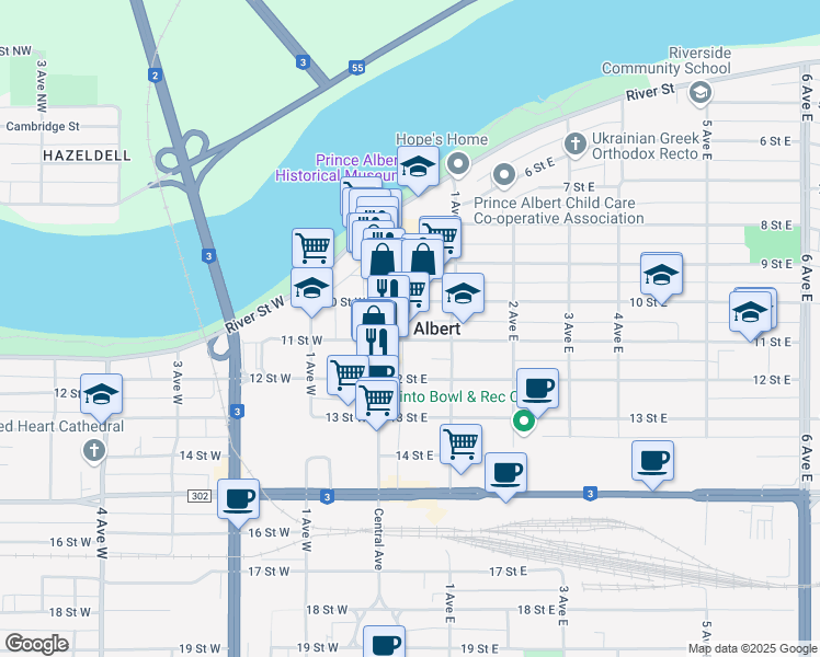 map of restaurants, bars, coffee shops, grocery stores, and more near in Prince Albert