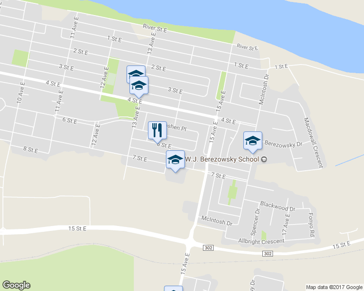 map of restaurants, bars, coffee shops, grocery stores, and more near 1444 6 Street East in Prince Albert