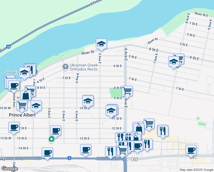 map of restaurants, bars, coffee shops, grocery stores, and more near 520 8 Street East in Prince Albert
