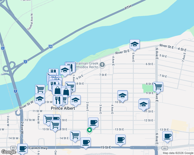 map of restaurants, bars, coffee shops, grocery stores, and more near in Prince Albert