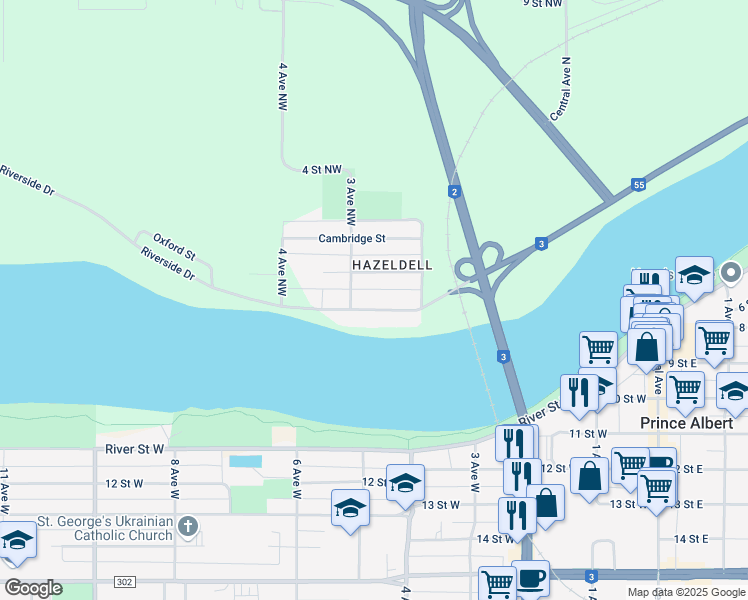 map of restaurants, bars, coffee shops, grocery stores, and more near 256 Riverside Drive in Prince Albert