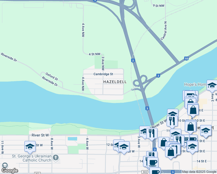 map of restaurants, bars, coffee shops, grocery stores, and more near 256 Riverside Drive in Prince Albert