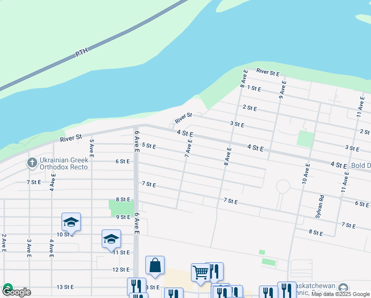 map of restaurants, bars, coffee shops, grocery stores, and more near 686 5 Street East in Prince Albert