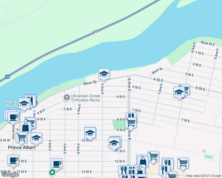map of restaurants, bars, coffee shops, grocery stores, and more near 531 5 Street East in Prince Albert