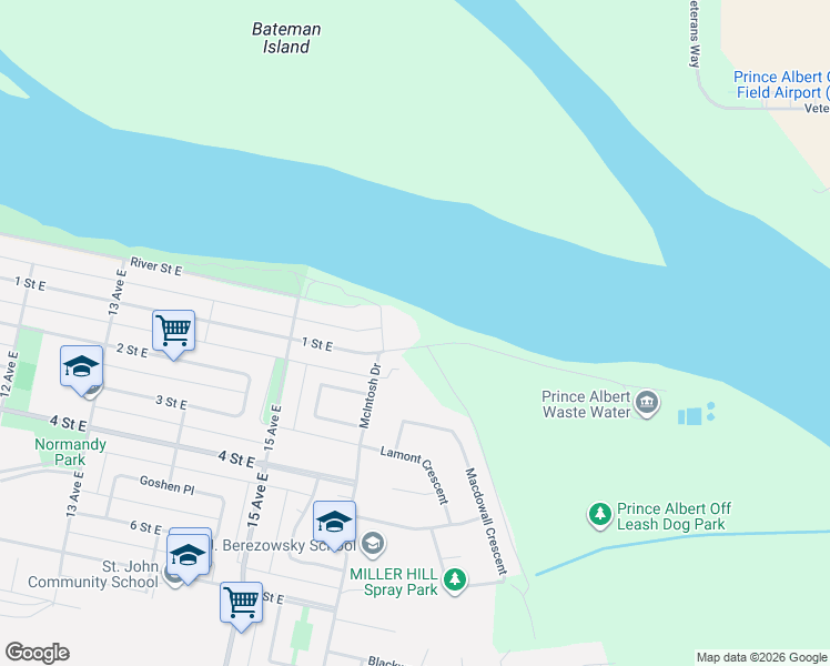 map of restaurants, bars, coffee shops, grocery stores, and more near 1502 River Street East in Prince Albert