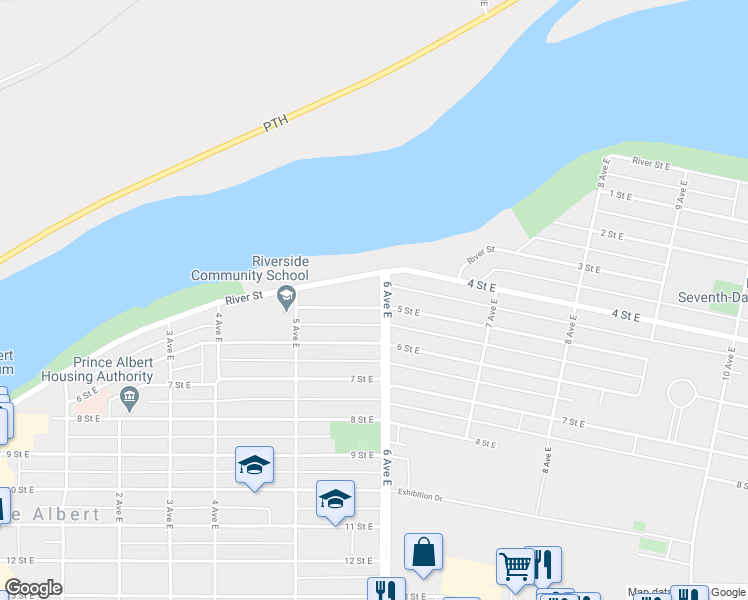 map of restaurants, bars, coffee shops, grocery stores, and more near 594 5 Street East in Prince Albert