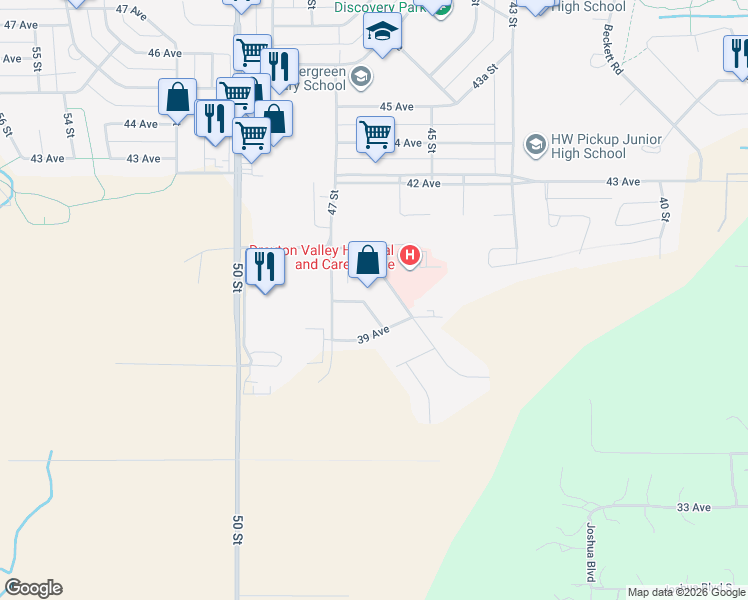 map of restaurants, bars, coffee shops, grocery stores, and more near 3913 46 Street in Drayton Valley
