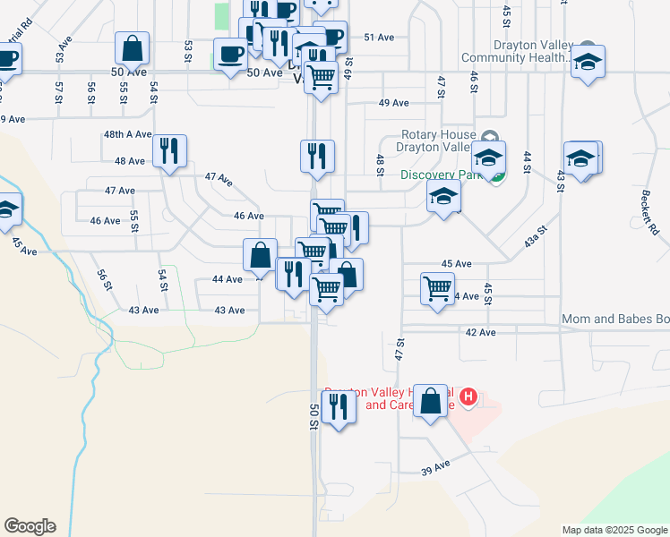 map of restaurants, bars, coffee shops, grocery stores, and more near 4403 49 Street in Drayton Valley