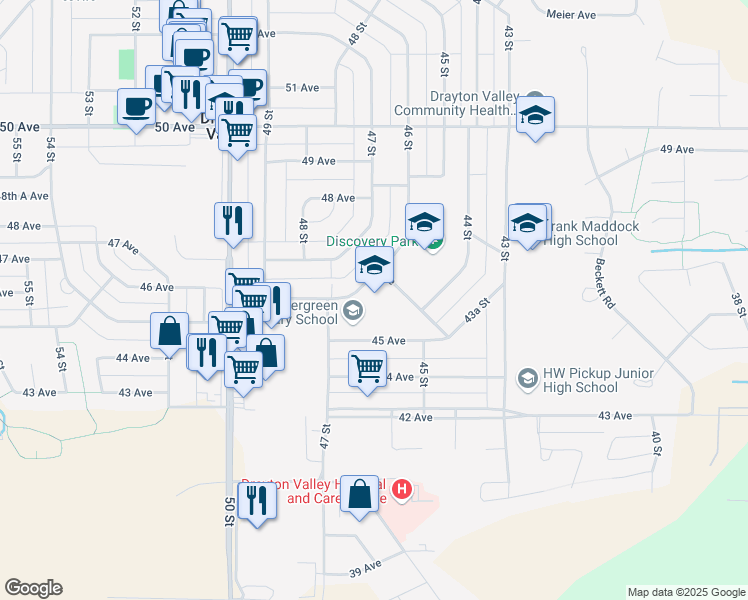 map of restaurants, bars, coffee shops, grocery stores, and more near 4417 47 Avenue in Drayton Valley
