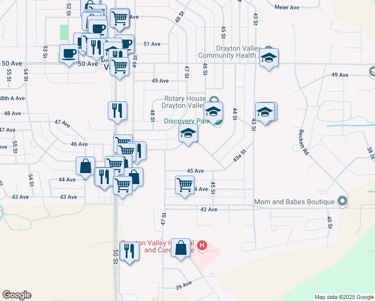map of restaurants, bars, coffee shops, grocery stores, and more near 4417 47 Avenue in Drayton Valley