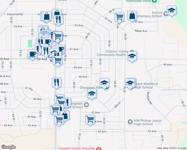 map of restaurants, bars, coffee shops, grocery stores, and more near 4805 D 47 Street in Drayton Valley