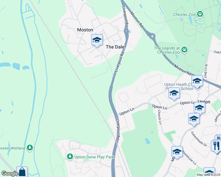 map of restaurants, bars, coffee shops, grocery stores, and more near Liverpool Road in Cheshire West and Chester