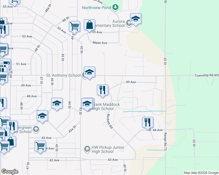 map of restaurants, bars, coffee shops, grocery stores, and more near 4905 Beckett Road in Drayton Valley