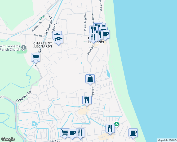 map of restaurants, bars, coffee shops, grocery stores, and more near South Road in Chapel Saint Leonards