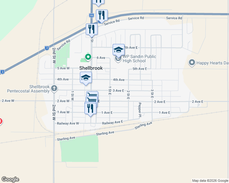 map of restaurants, bars, coffee shops, grocery stores, and more near 210 3 Avenue East in Shellbrook