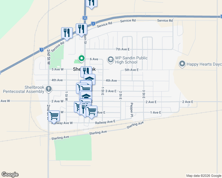 map of restaurants, bars, coffee shops, grocery stores, and more near 210 3 Avenue East in Shellbrook