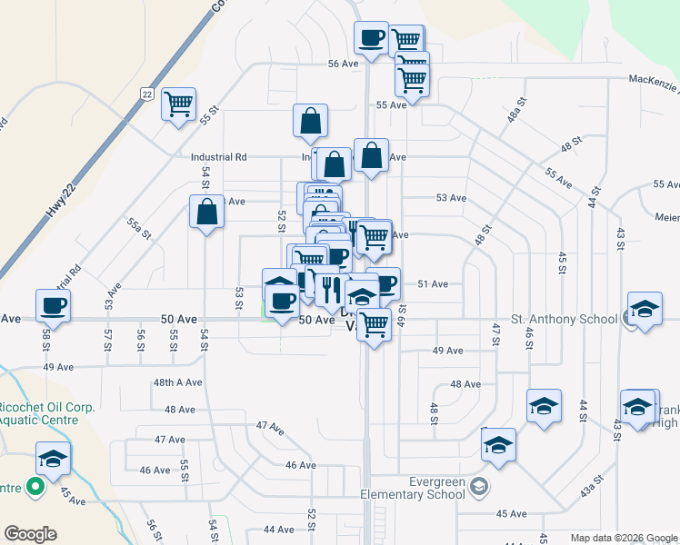 map of restaurants, bars, coffee shops, grocery stores, and more near 5111 51 Street in Drayton Valley