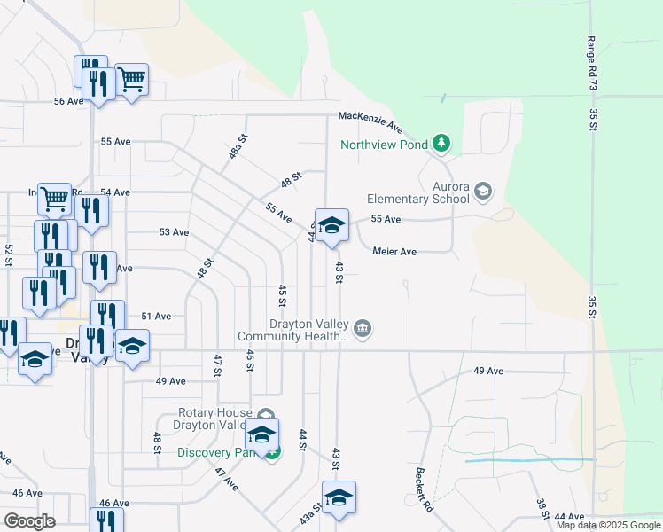 map of restaurants, bars, coffee shops, grocery stores, and more near 5076 43 Street in Drayton Valley