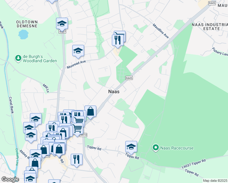 map of restaurants, bars, coffee shops, grocery stores, and more near in Naas