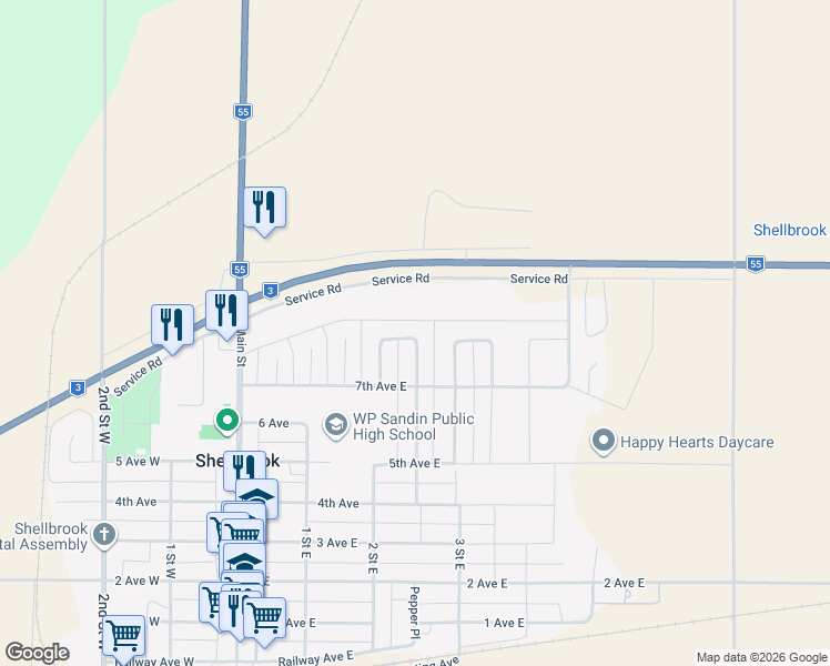 map of restaurants, bars, coffee shops, grocery stores, and more near 727 Adamson Crescent in Shellbrook