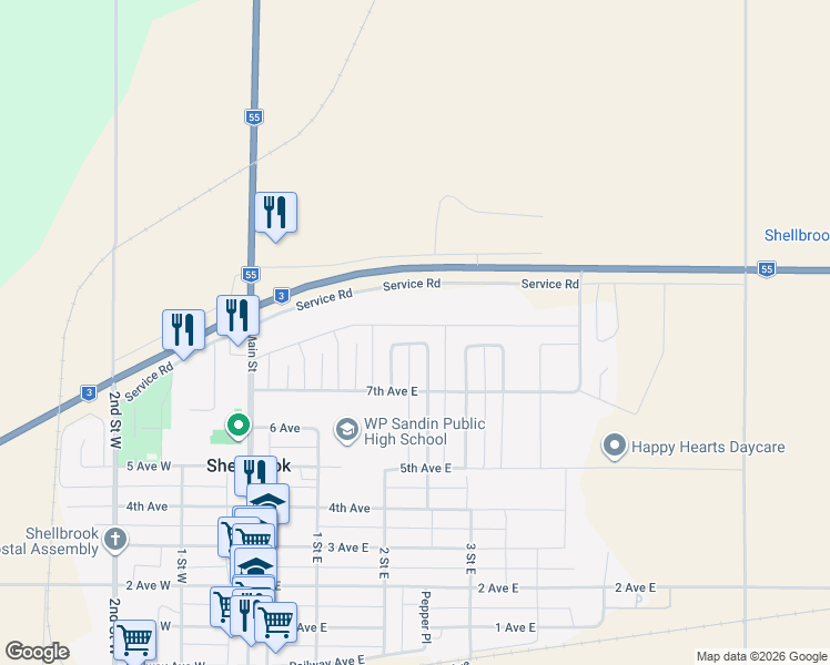 map of restaurants, bars, coffee shops, grocery stores, and more near 727 Adamson Crescent in Shellbrook