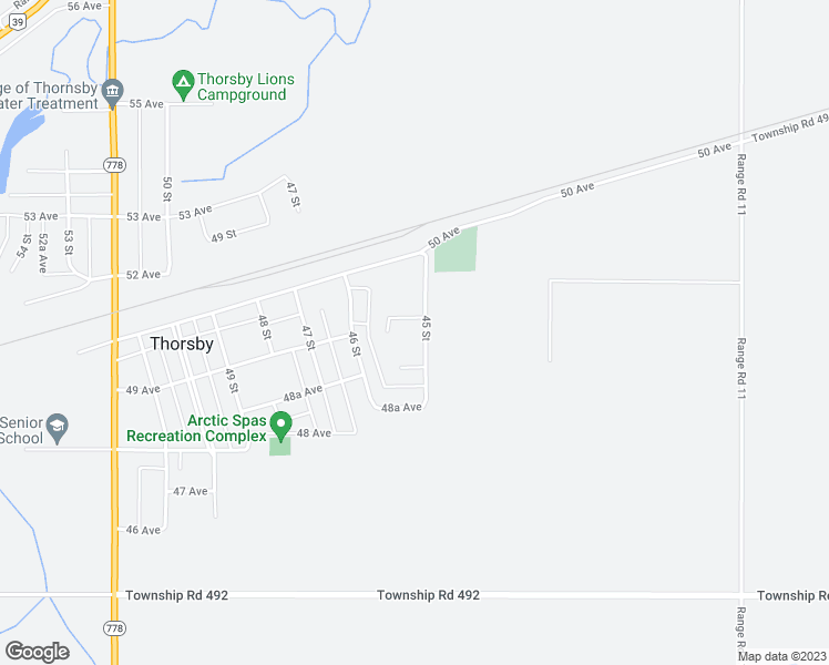 map of restaurants, bars, coffee shops, grocery stores, and more near 4906 45 Street in Thorsby