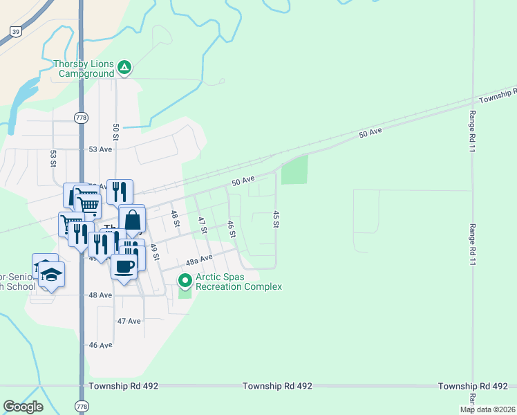 map of restaurants, bars, coffee shops, grocery stores, and more near 4906 45 Street in Thorsby