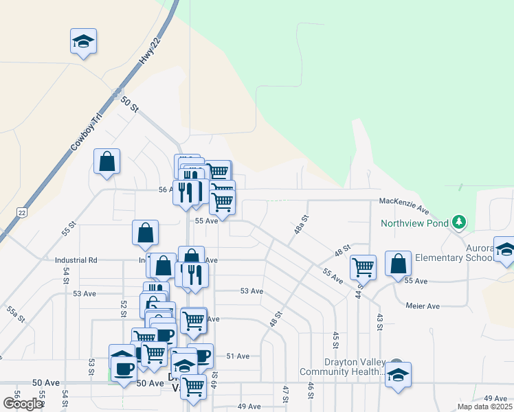 map of restaurants, bars, coffee shops, grocery stores, and more near 4905 Mackenzie Avenue in Drayton Valley